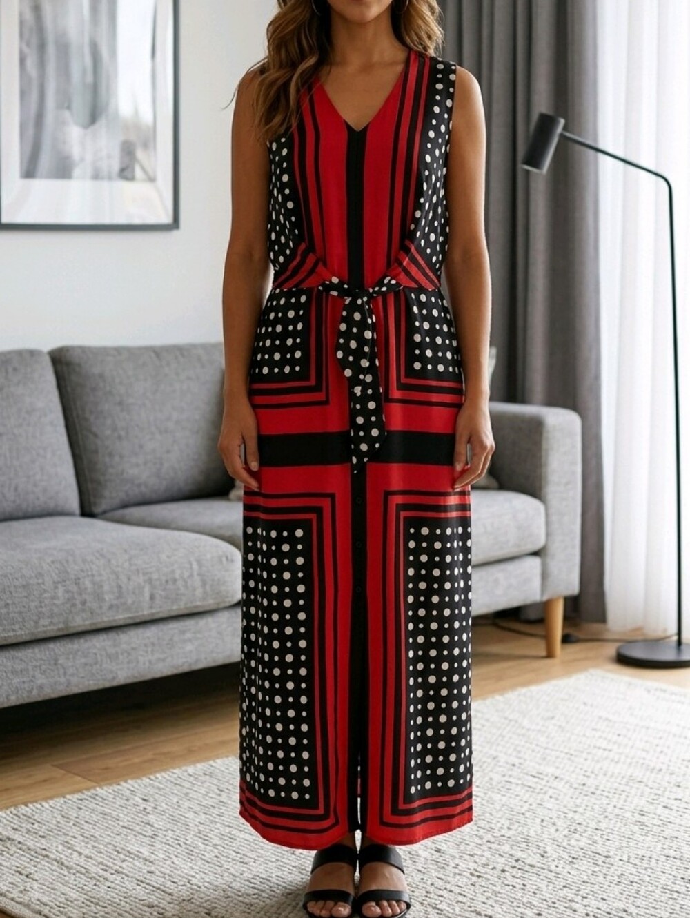 Joseph Ribkoff Red and Black Polka Dot & Stripe Maxi Dress